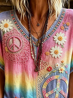 Women's Rainbow Gradient Tie-Dye Lace Daisy Peace Sign Embroidery V-Neck Top