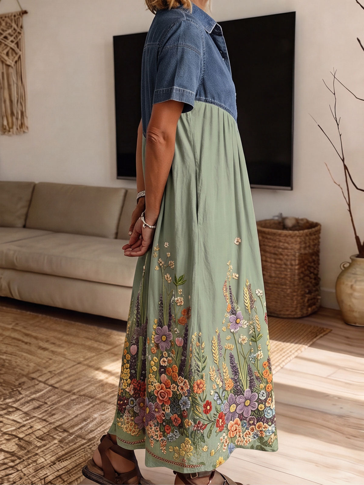 Women’s Denim Spliced Wildflower Embroidery Loose Midi Dress With Pockets
