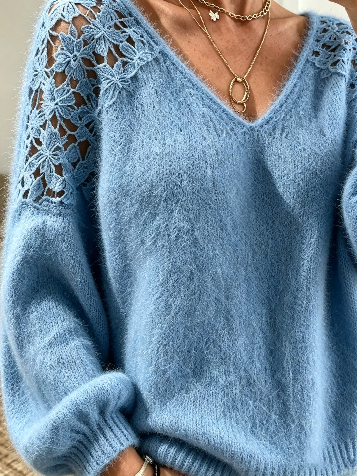Women's V-Neck Crochet Sweater