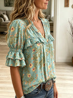 Women's Floral Print Ruffle Yoke Blouse