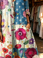 Women's Color Block Watercolor Big Floral Starry Sky Spliced Print V-neck Maxi Dress