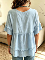 Retro V-Collar Hollow Fringe Art Casual Short Sleeve Cotton Linen Shirt