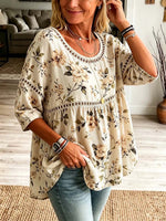 Retro Floral Pattern Art Print Casual Hollow Short Sleeve Cotton Linen Shirt