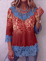 Vintage Elegant Pattern Print Patchwork Hollowed Out Lace Shirt