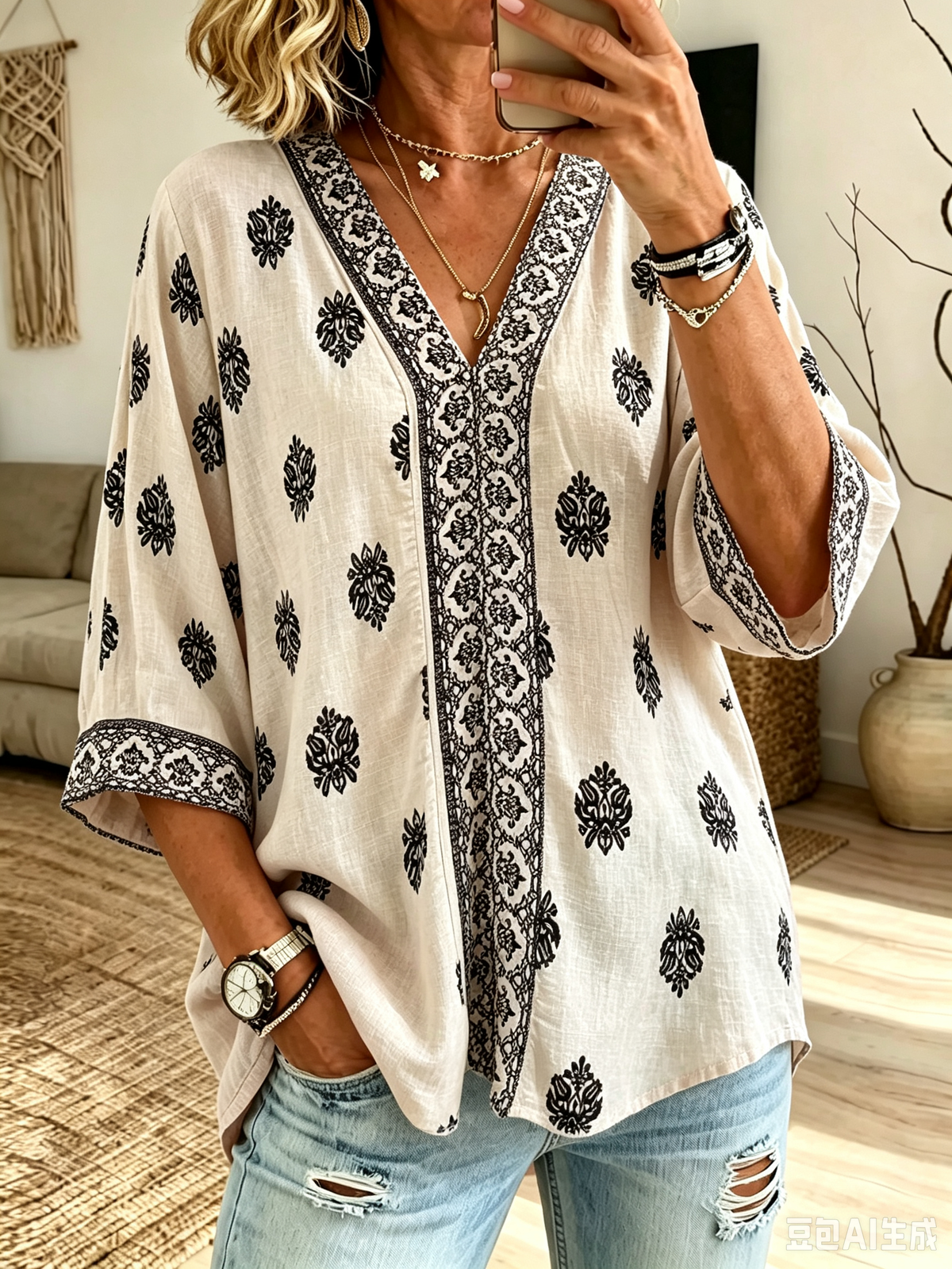 Women's Tribal Border V-Neck Blouse