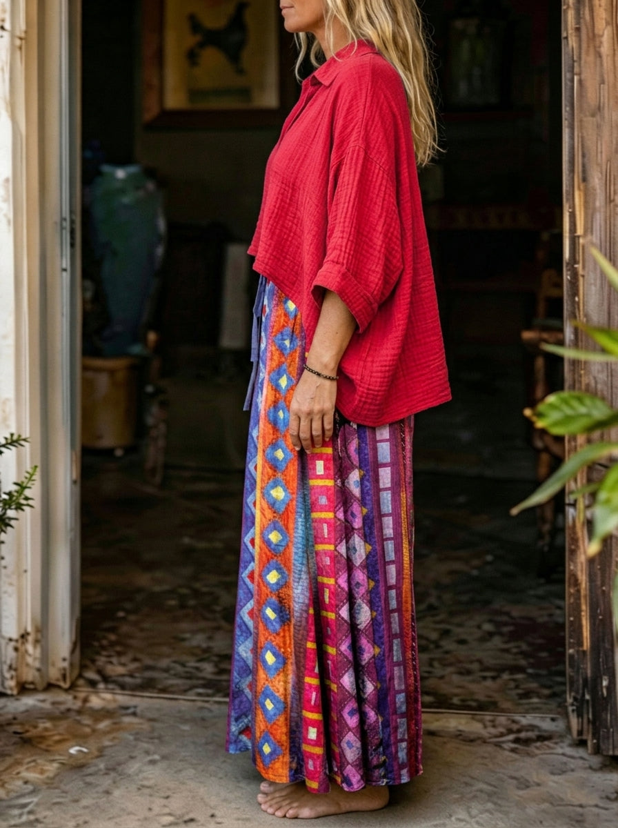 Women's Solid Red Oversized Shirt & Ethnic Geometric Print Wide Leg Pants Boho 2 Piece Set