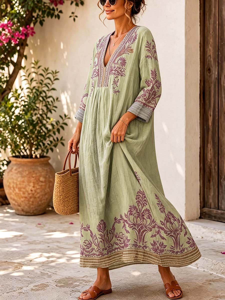 Retro Ethnic Floral Pattern Art Print Casual V-neck Cotton Linen Maxi Dress