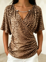 Women Leopard Print Wrap Top Pearl Chain Neck Short Sleeve Ruched Casual Blouse