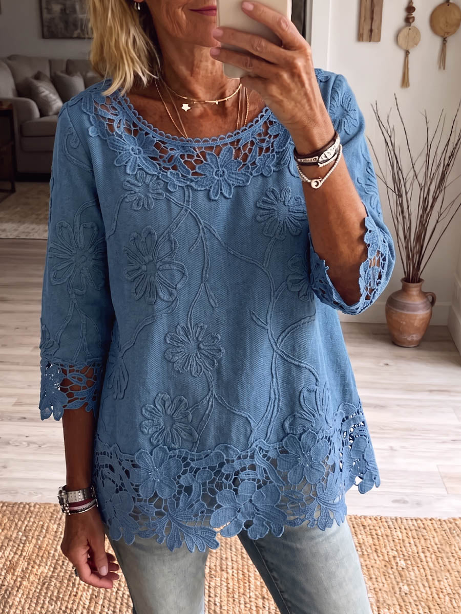 Vintage Elegant Denim Patchwork Hollowed Out Lace Shirt