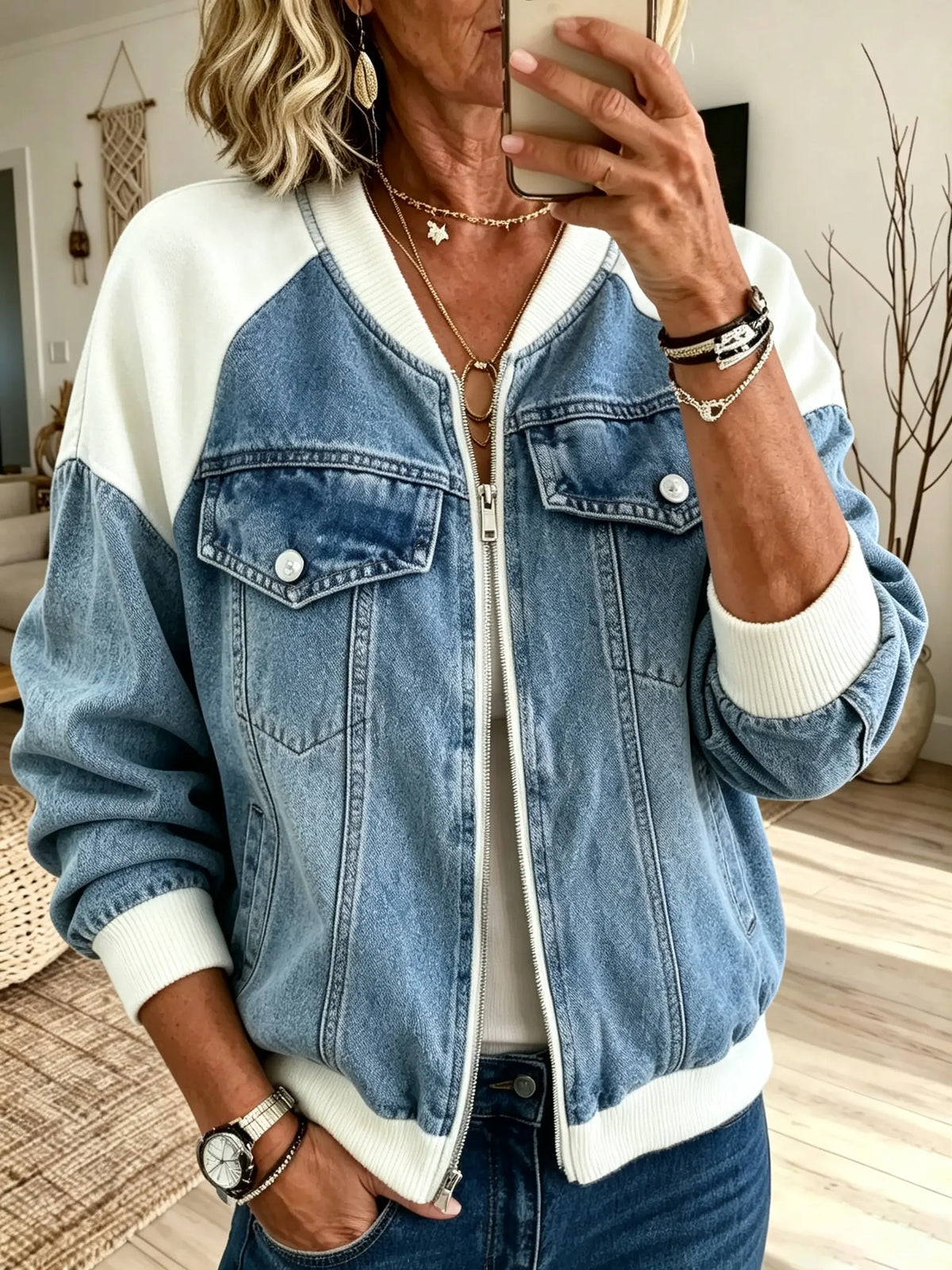 Women Color Block Washed Denim Baseball Cropped Jacket
