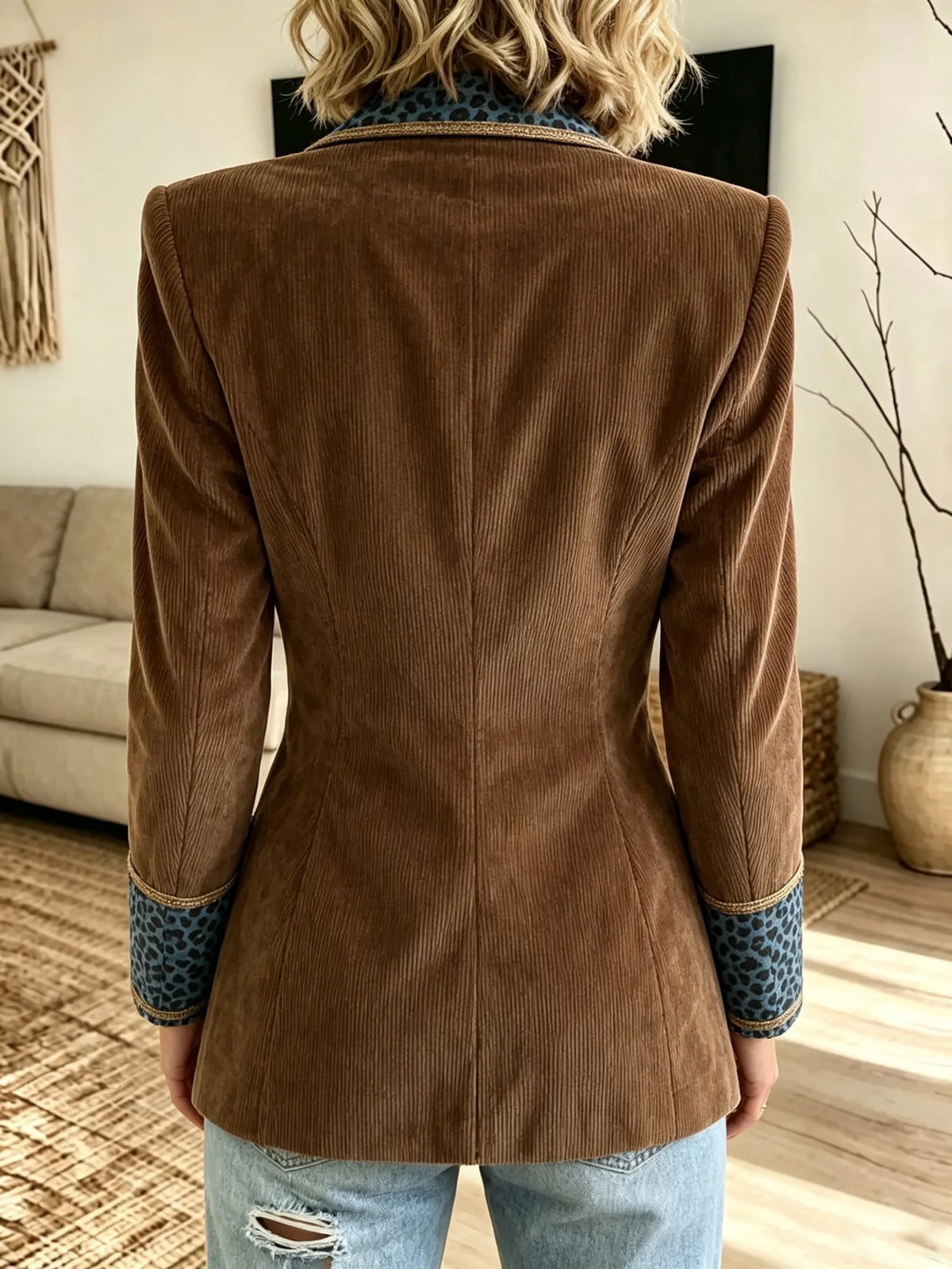 Women's Corduroy Blazer with Leopard Lapel
