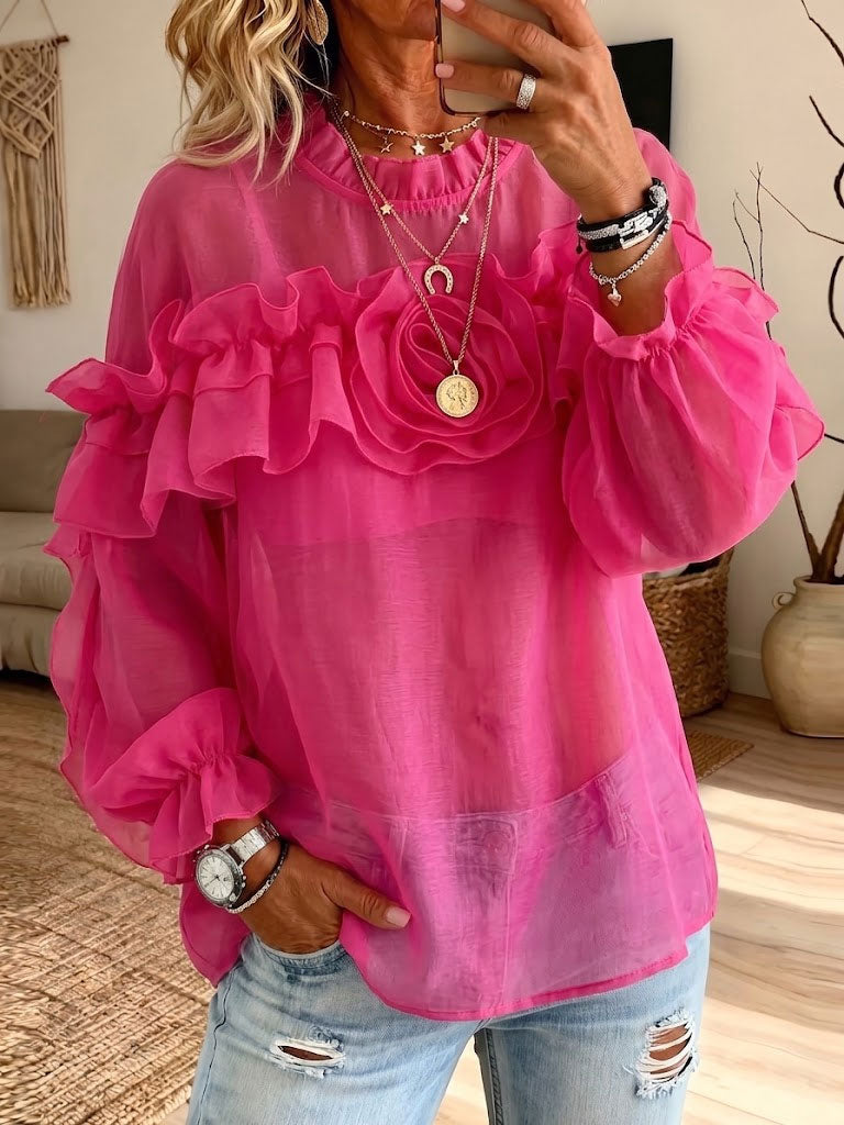Women Hot Pink Ruffled Blouse 3d Rose Decor Long Puff Sleeve Sheer Chiffon Top