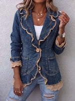 Women Lapel Ruffle Lace Trim Denim Jacket Single‑Button Long Sleeve Casual Blazer Coat With Pockets