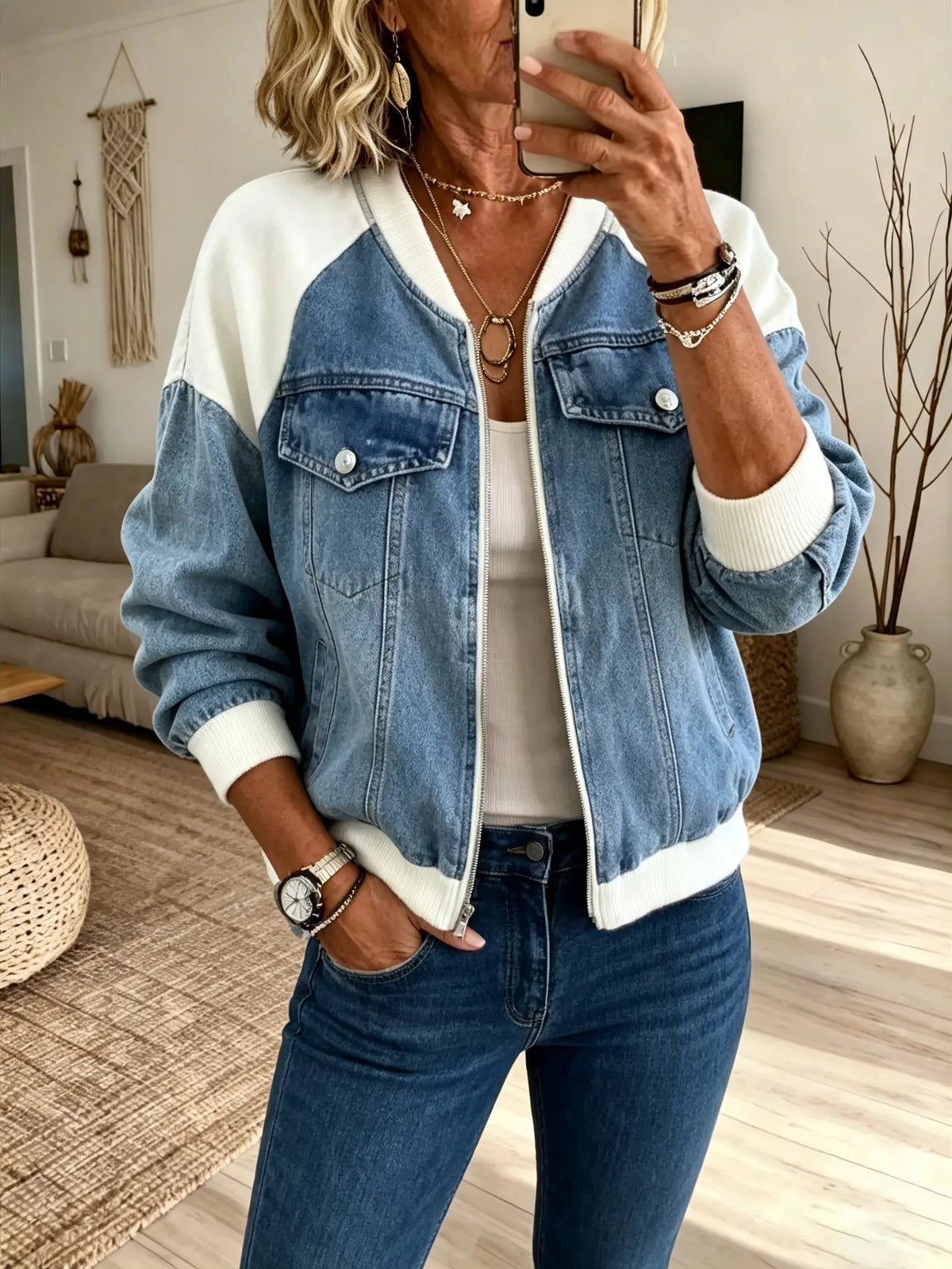 Women Color Block Washed Denim Baseball Cropped Jacket