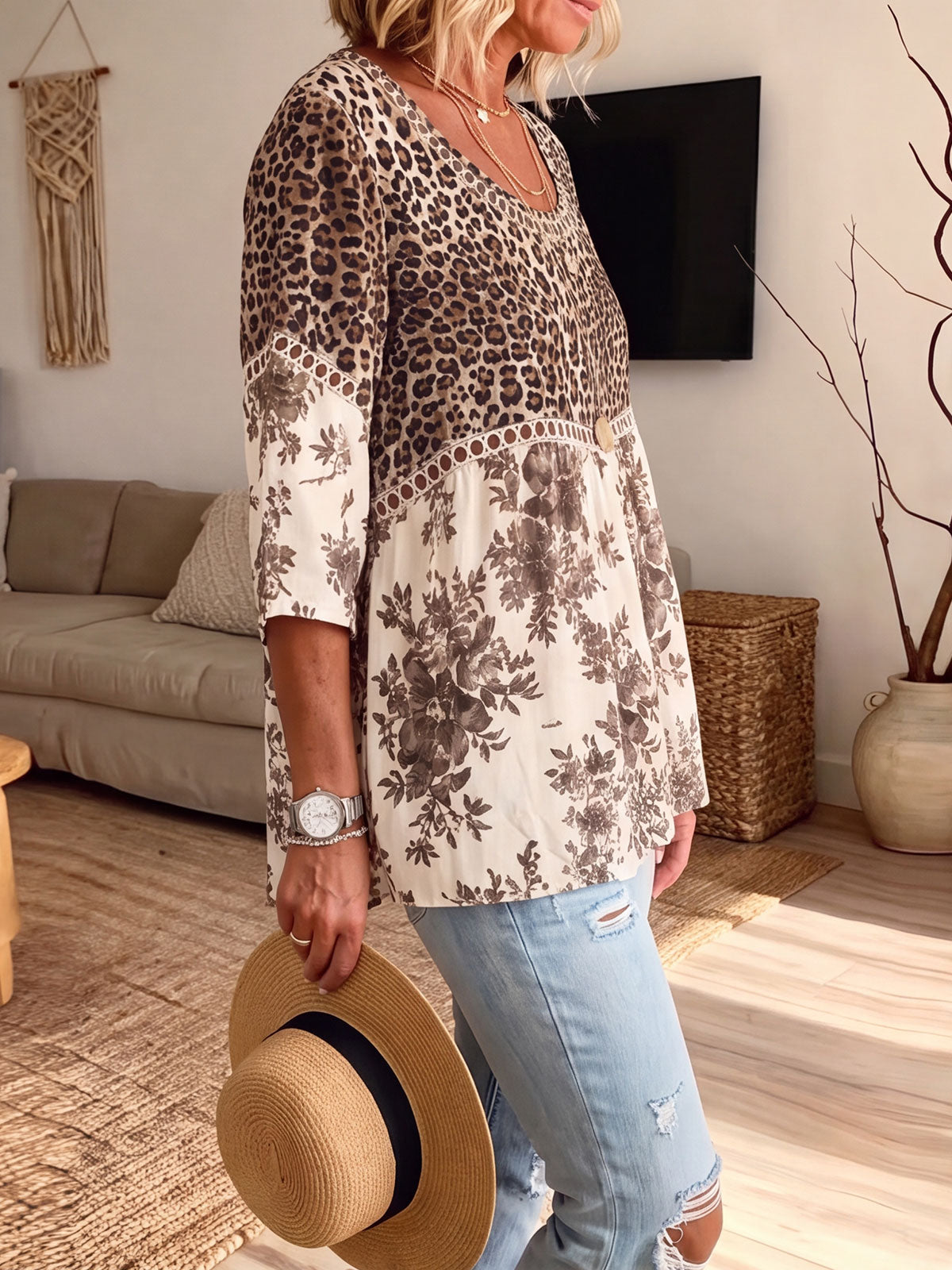 Women's Hollow Lace Spliced Leopard Floral Two-Tone 3/4 Sleeve Blouse