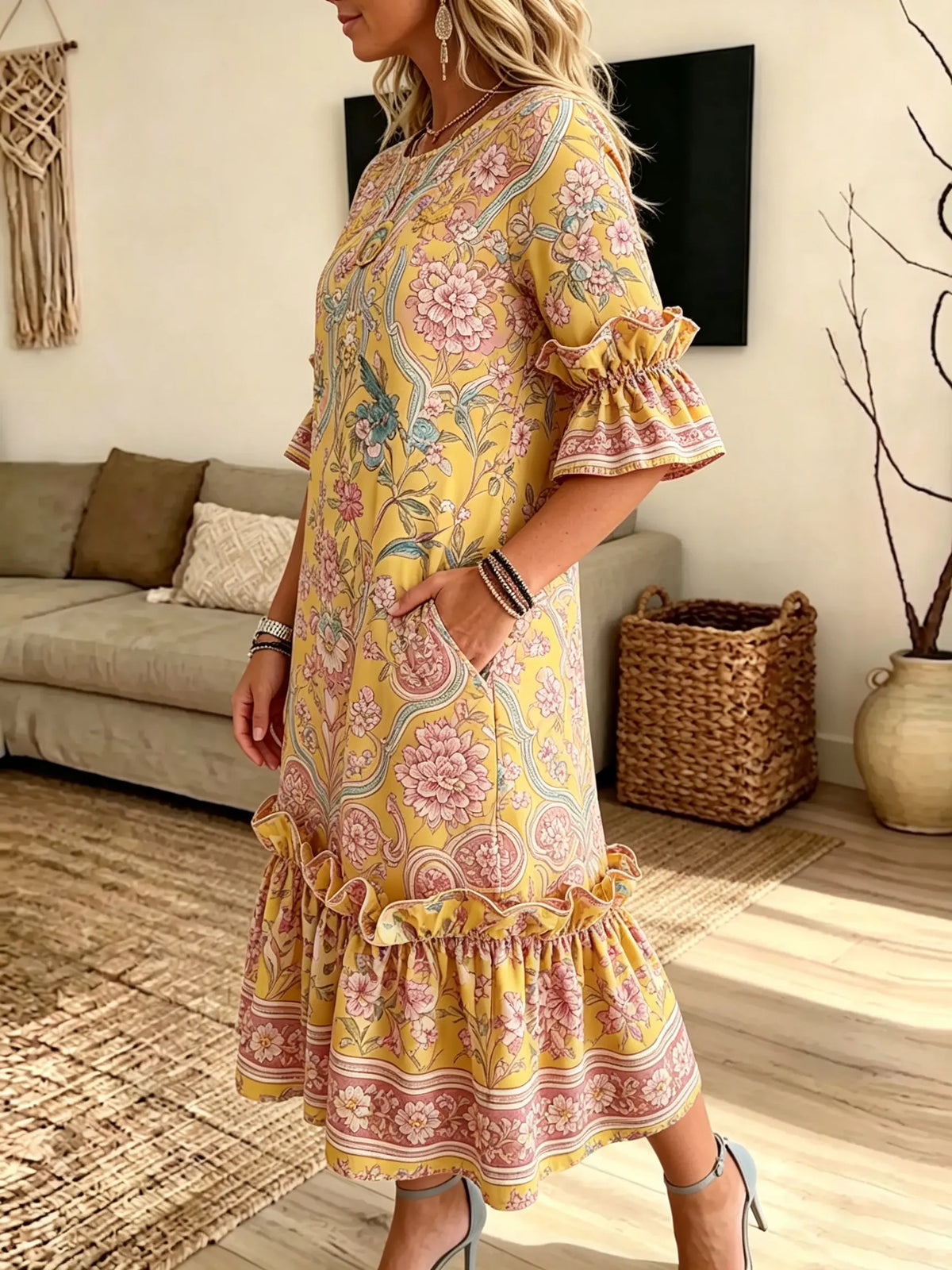 Women's Vintage Floral Print Ruffle Midi Dress