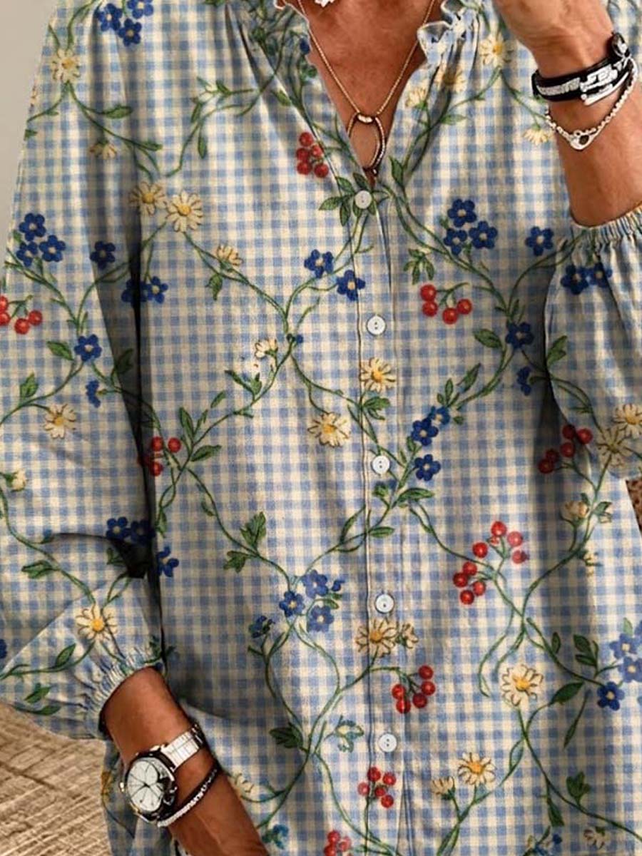 Retro Floral Pattern Art Print Casual Long Sleeve Cotton Linen Shirt