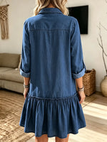 Women's Drop Waist Ruffle Denim Shirt Dress