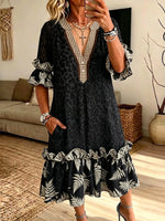 Women's Black Leopard Fern Plaid Patchwork Print V-Neck Ruffle Midi Dress