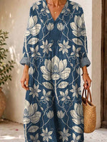 Retro Floral Pattern Art Print Casual V-neck Long Sleeve Cotton Linen Maxi Dress