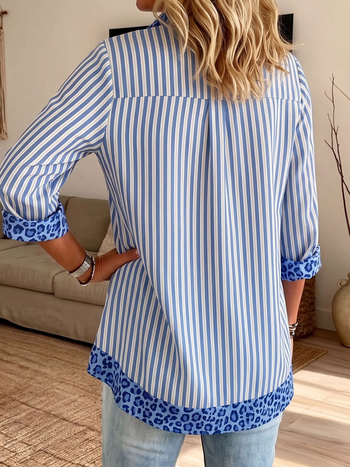 Women’s Stripe Leopard Contrast Collar Half Button 3/4 Sleeve Blouse