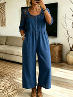 Women's Solid Hollow Spliced Wide Leg Jumpsuit