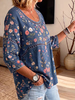 Women's Hollow Lace Spliced Multicolor Floral 3/4 Sleeve Denim Blouse