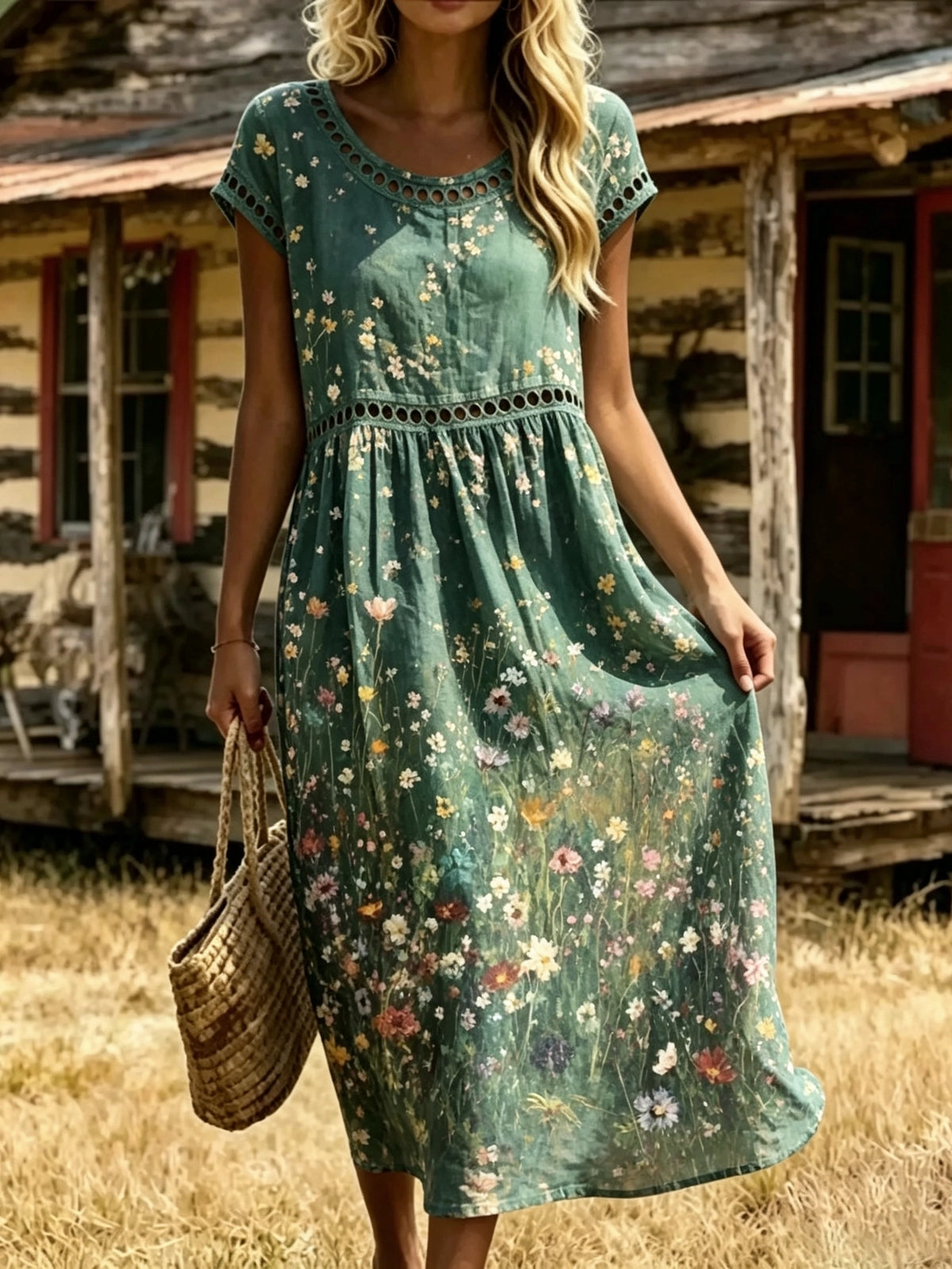 Women's Eyelet Cutout Wildflower Midi Dress