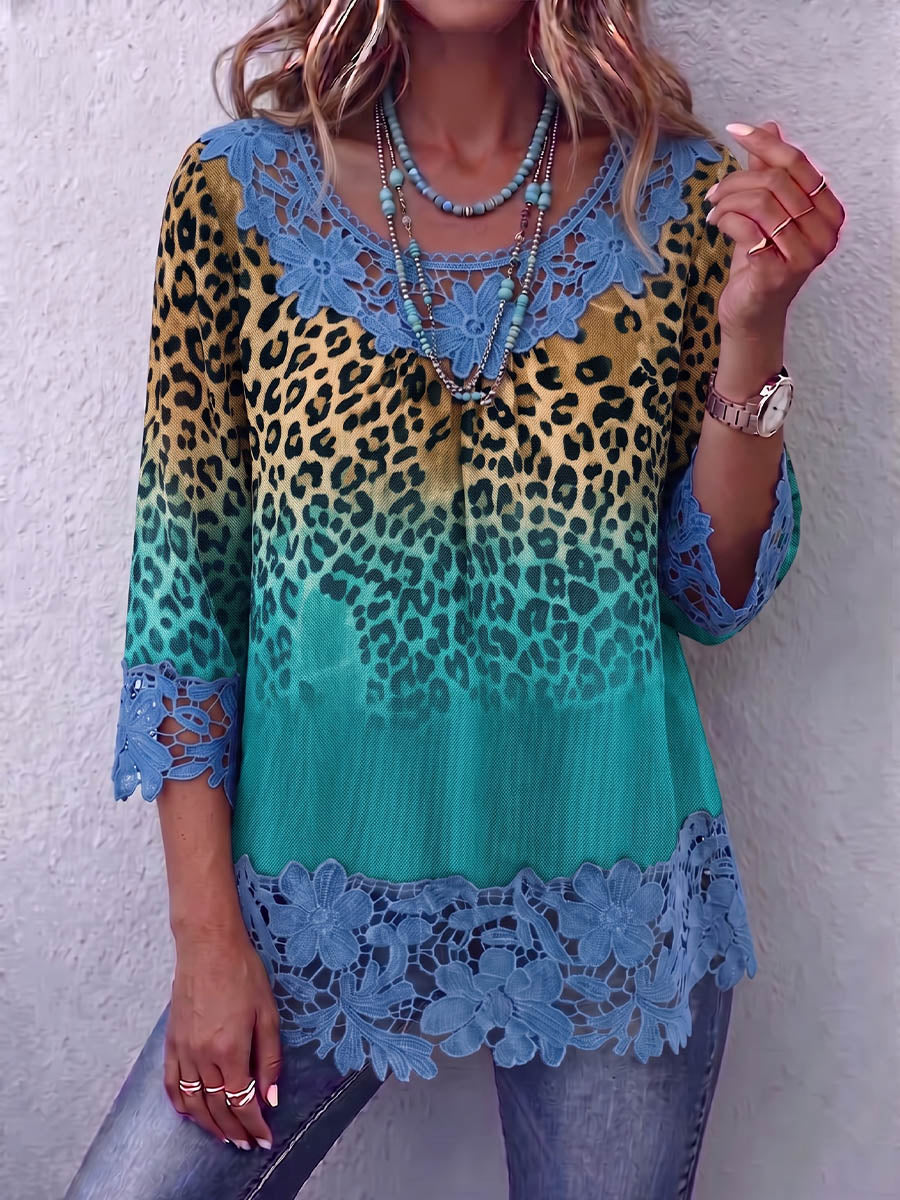 Vintage Elegant Pattern Print Patchwork Hollowed Out Lace Shirt