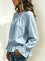 Women's Smocked Neck Ruffle Hem Blouse
