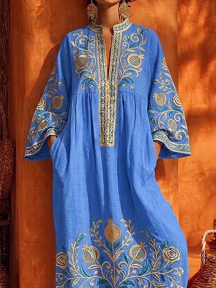 Retro Ethnic Floral Pattern Art Print Casual Stand Collar Cotton Linen Maxi Dress
