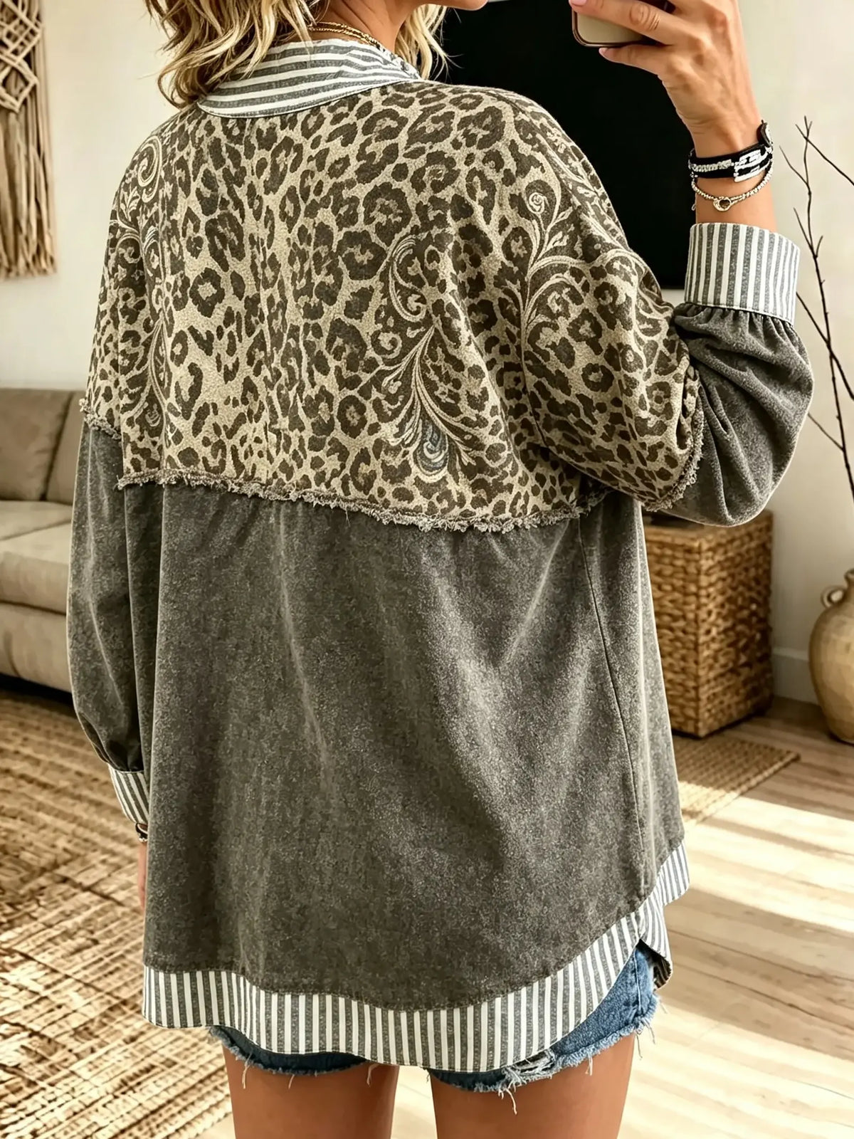 Women's Leopard Stripe Split-Neck Top