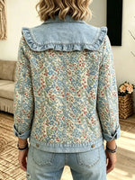 Women's Floral Print Ruffle Collar Denim Jacket