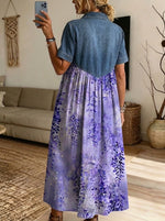 Women’s Denim Spliced Purple Wisteria Floral Print Shirt Midi Dress With Pockets
