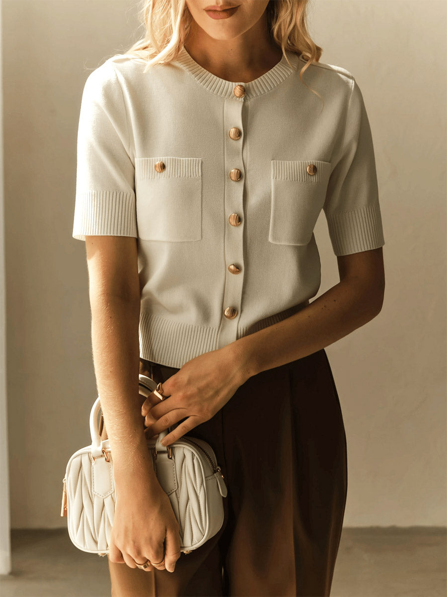 Elegant Button Pockets Short Sleeve Casual Knitted Cardigan Sweater