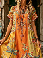 Women Dragonfly Floral Patchwork Print V-Neck Maxi Dress