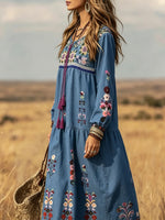 Women Ethnic Floral Print Drawstring Long Sleeve Maxi Dress
