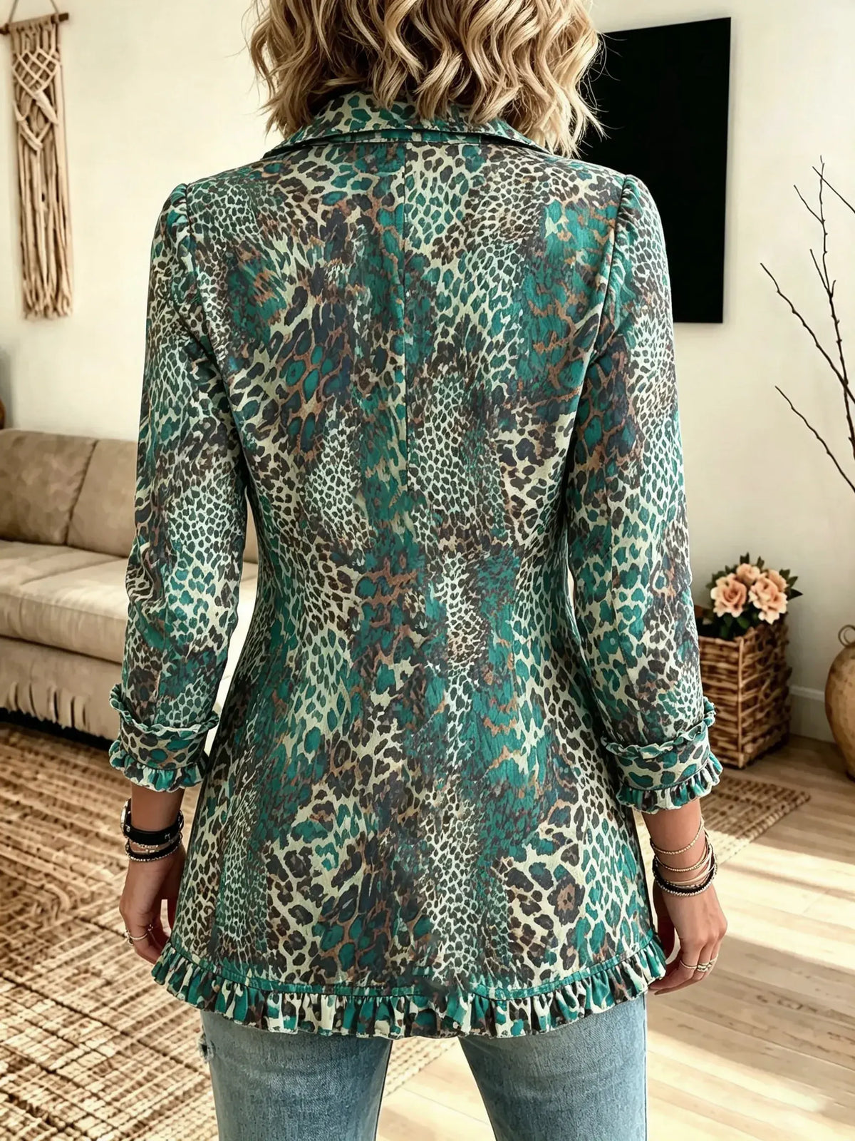 Women's Turquoise Animal Print Ruffle Blazer Jacket