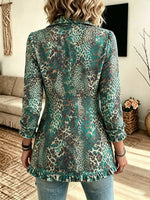 Women's Turquoise Animal Print Ruffle Blazer Jacket