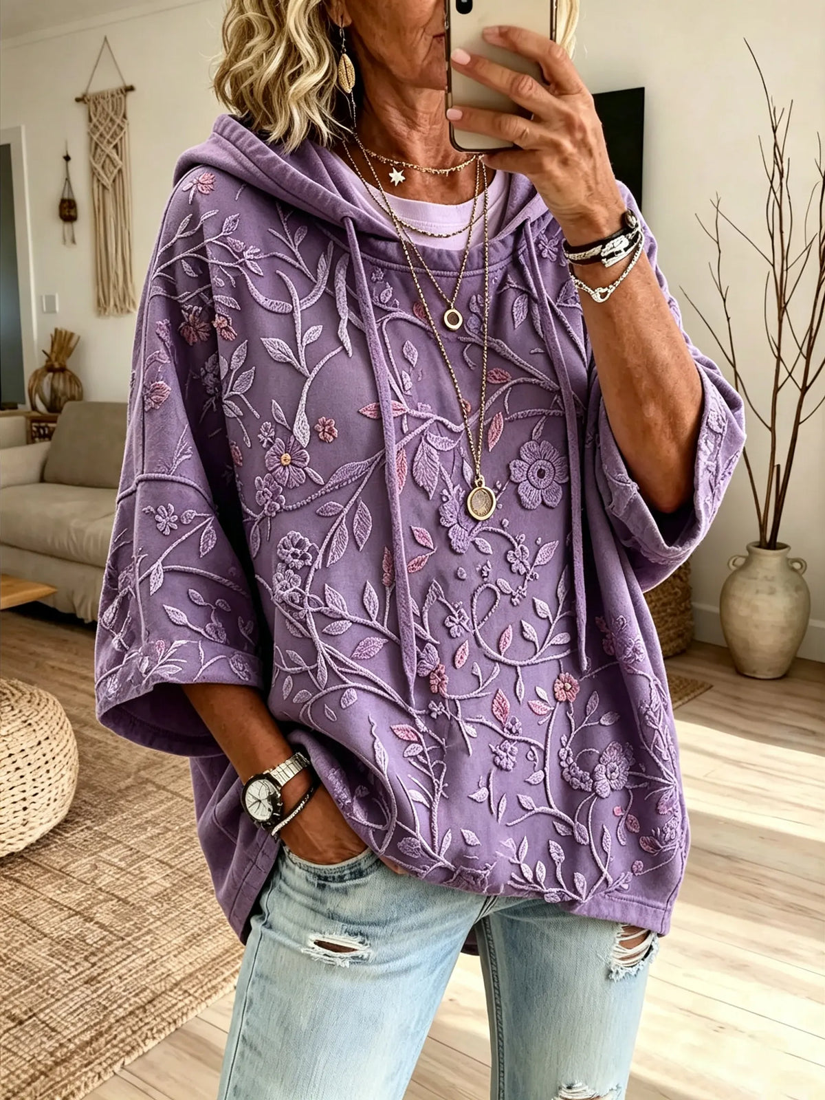 Women Botanical Floral Texture 3/4 Sleeve Hooded Sweatshirt
