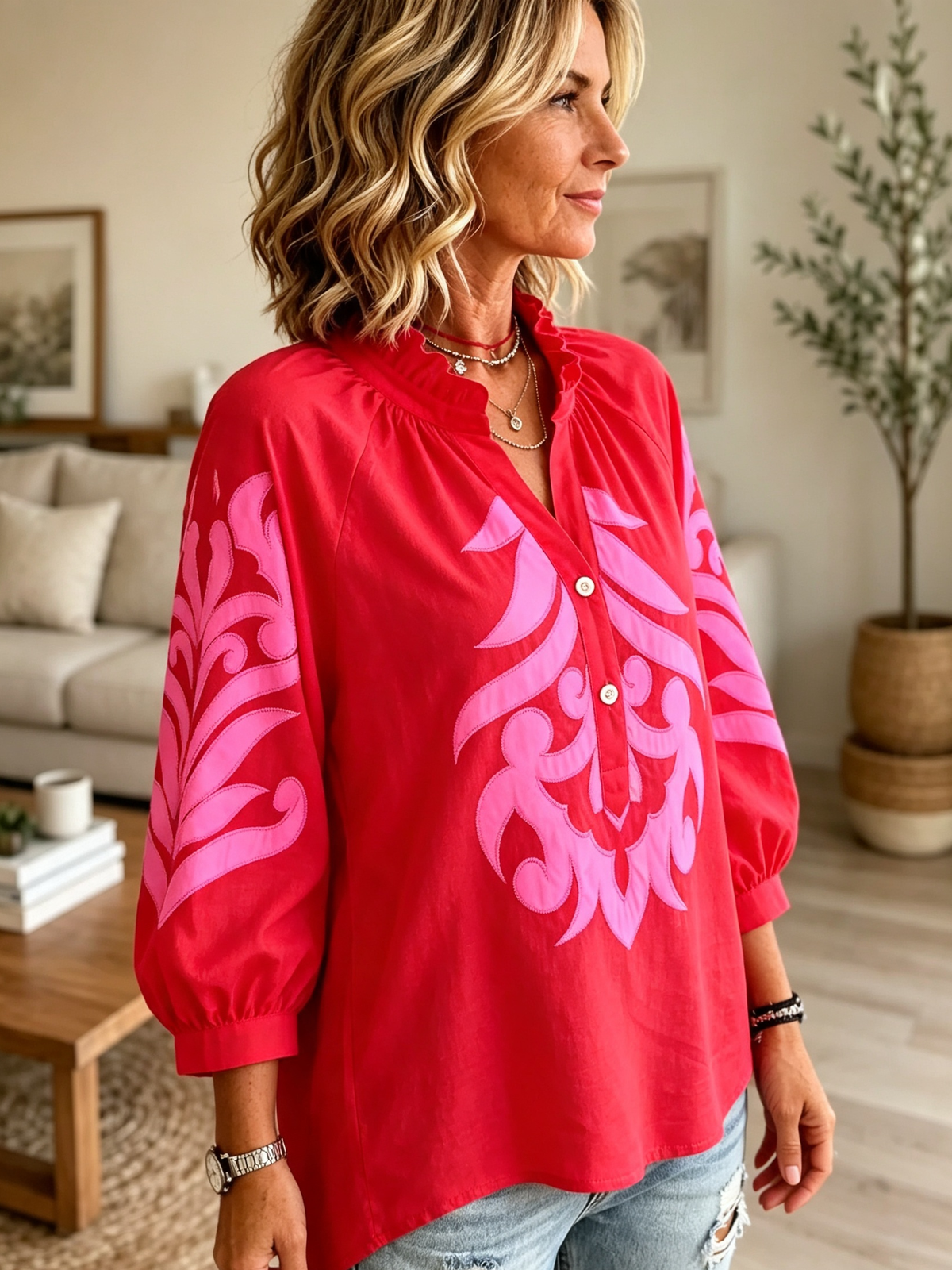 Women's Contrast Split-Neck Blouse
