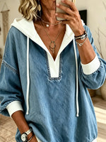 Women Solid Spliced Hooded Denim Pullover Top