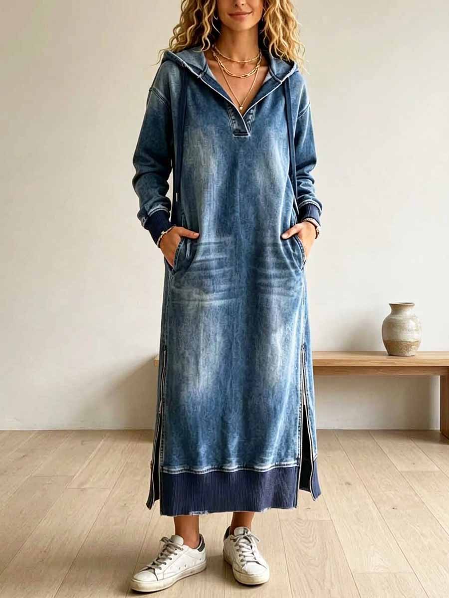 Retro Hooded Zip Art Casual Long Sleeve Stylish Denim Long Dress