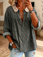 Women’s Lace Peter Pan Collar Ditsy Floral Half Button Loose Blouse