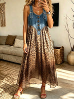 Women Denim Strap Leopard Print Tulle Spliced Midi Dress
