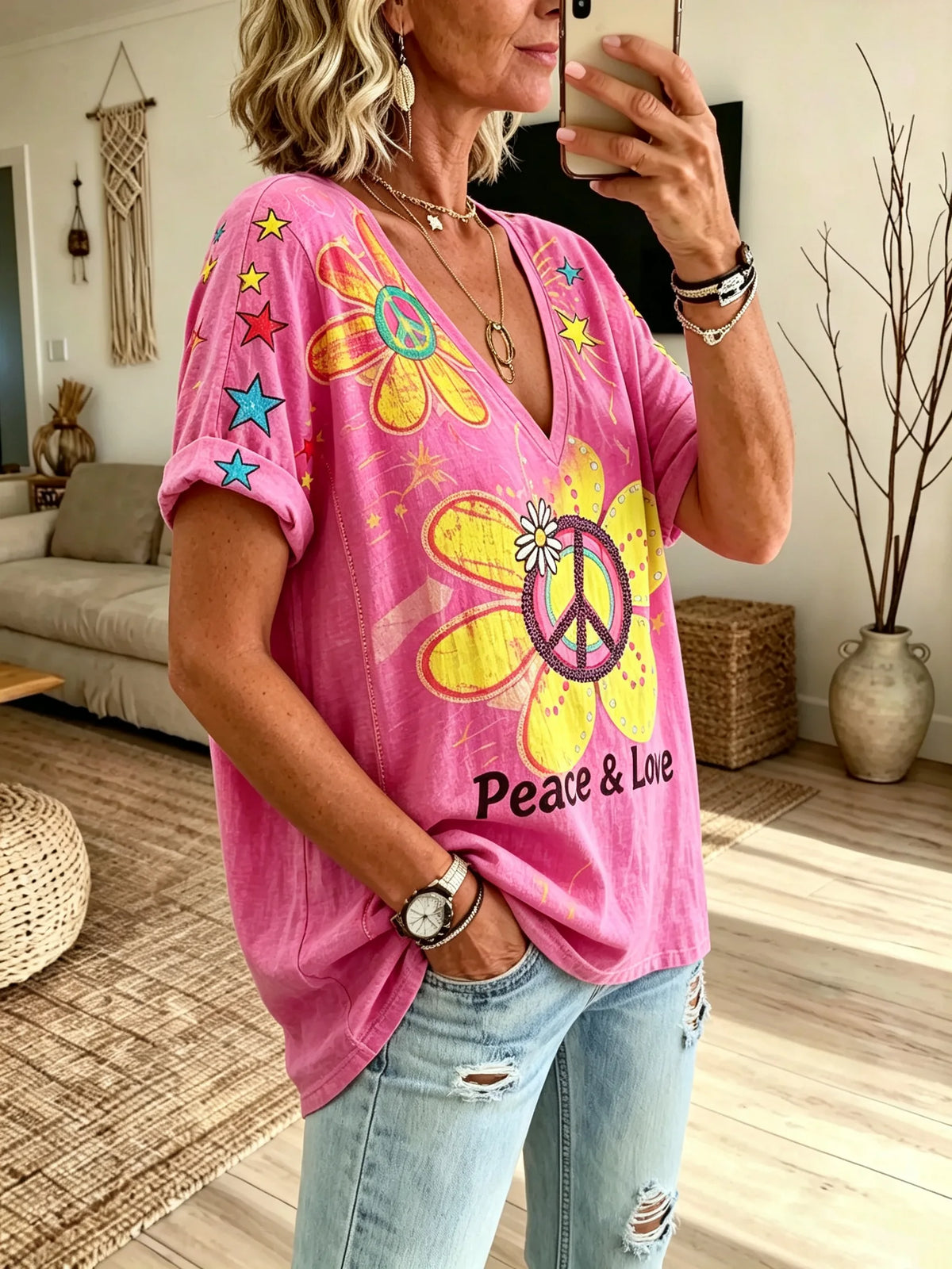Women's Hot Pink Peace Daisy Hippie Art Print V-Neck Loose Short Sleeve Tee