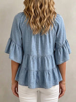 Women Chambray Tie Neck Blouse Ruffle Bell Sleeve Tiered Loose Casual Top