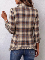 Retro Plaid Pattern Art Print Ruffle Casual Stylish Cotton Lapel Coat
