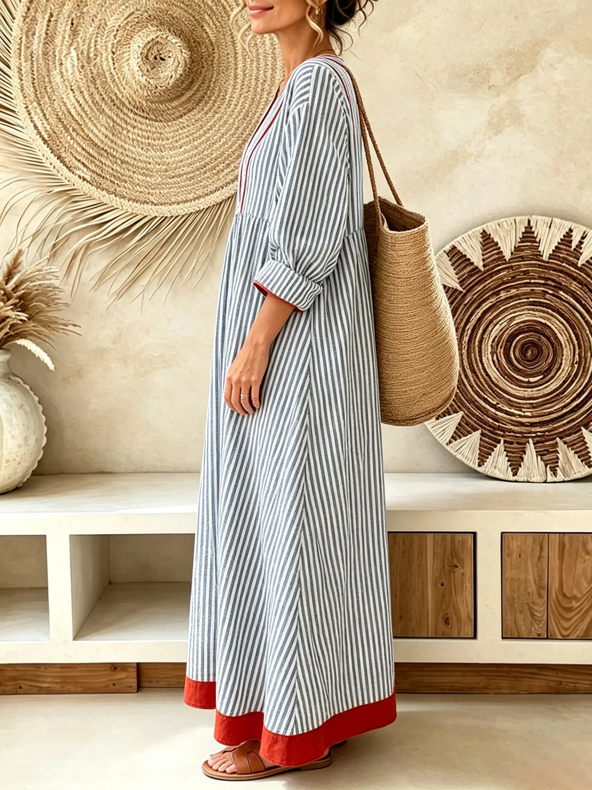 Women’s Blue White Vertical Stripe Red Trim Color Block Thin Geometric Print V-Neck Loose Swing Maxi Dress