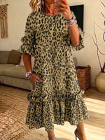 Retro Leopard Pattern Art Print Casual Ruffle Stylish Cotton Linen Dress